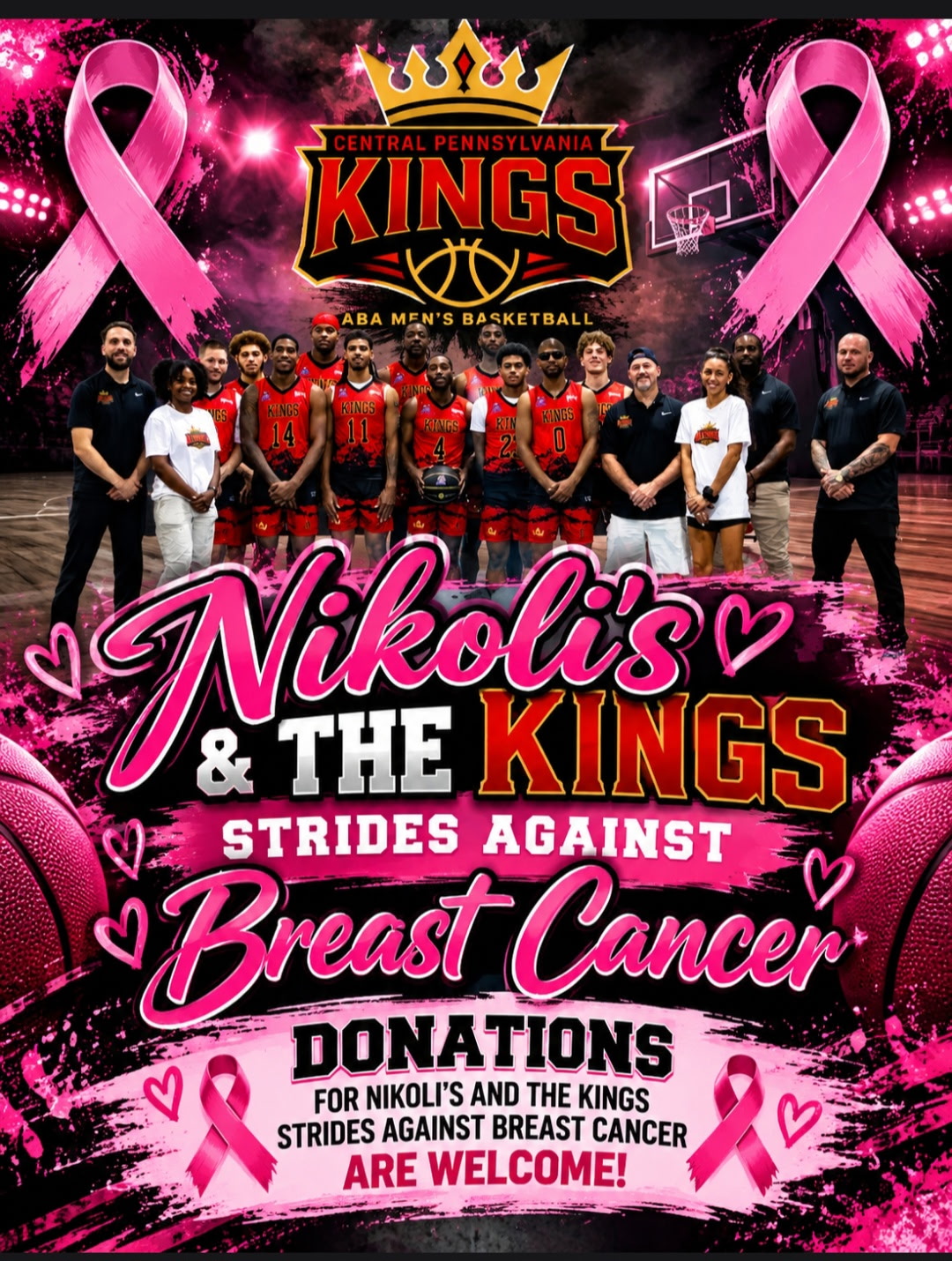 Nikoli’s and the Central Pennsylvania Kings Strides Against Breast Cancer event flyer, featuring the team and pink awareness ribbons. Donations are welcome.