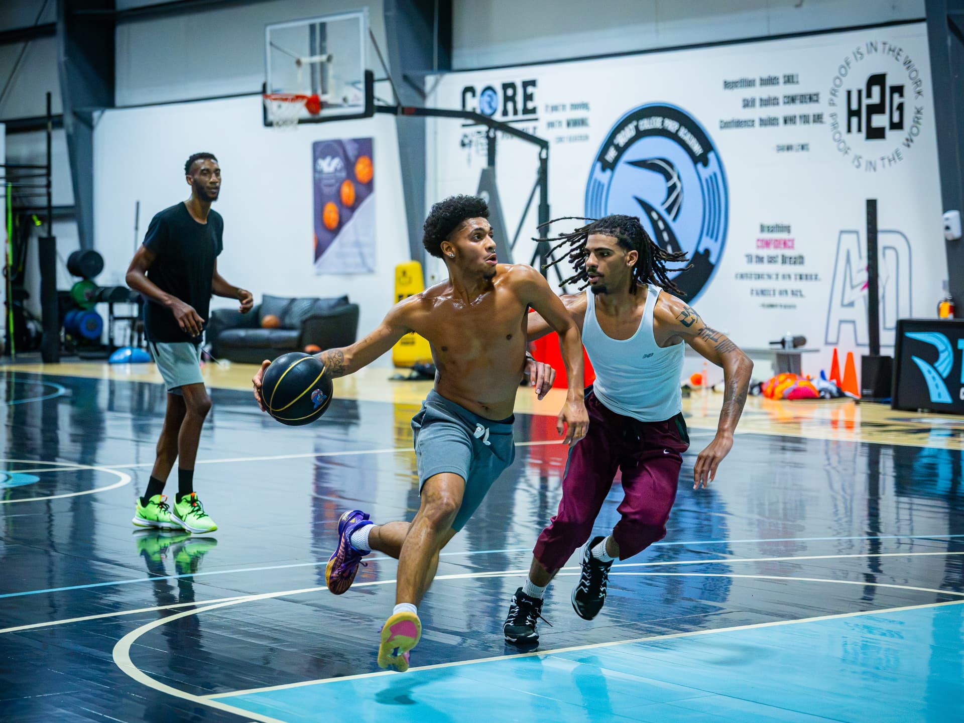 Two Kings players in a one-on-one drill